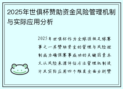 2025年世俱杯赞助资金风险管理机制与实际应用分析