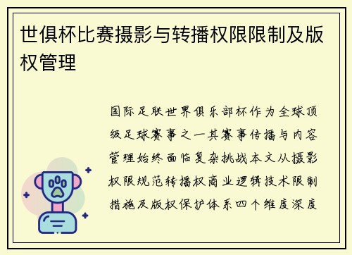 世俱杯比赛摄影与转播权限限制及版权管理
